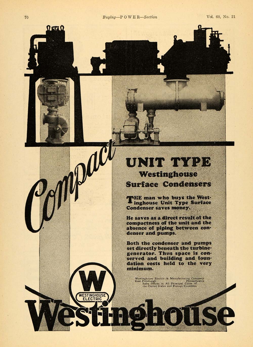 1924 Ad Westinghouse Surface Condenser Compact Unit - ORIGINAL ADVERTISING TPM1