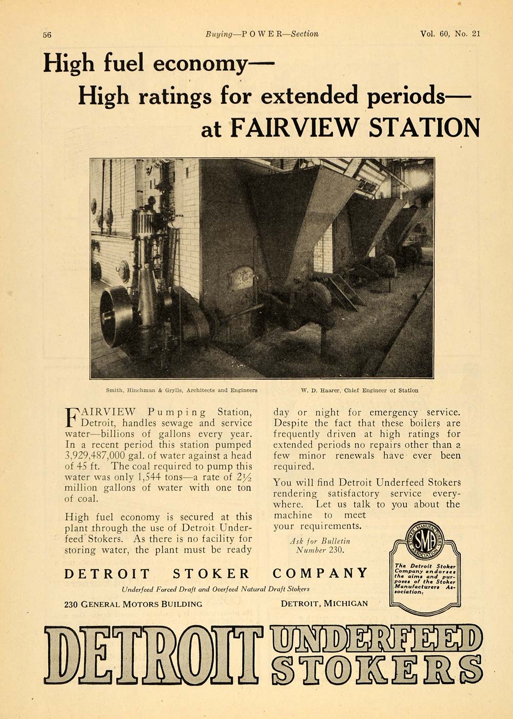 1924 Ad Detroit Underfeed Stokers Fairview Station - ORIGINAL ADVERTISING TPM1