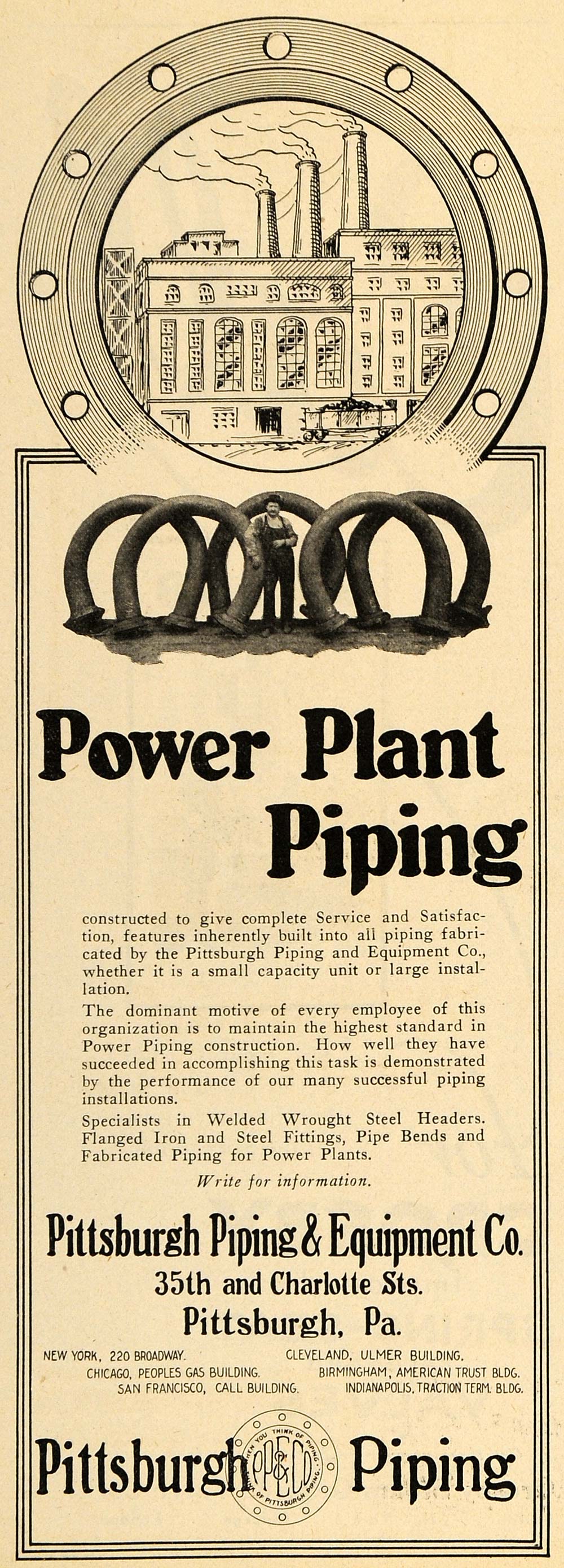 1924 Ad Pittsburgh Piping & Equipment Co. Power Plant - ORIGINAL TPM1
