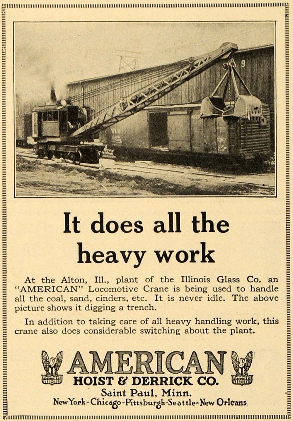 1924 Ad American Hoist & Derrick Co. Illinois Glass Co. - ORIGINAL TPM1