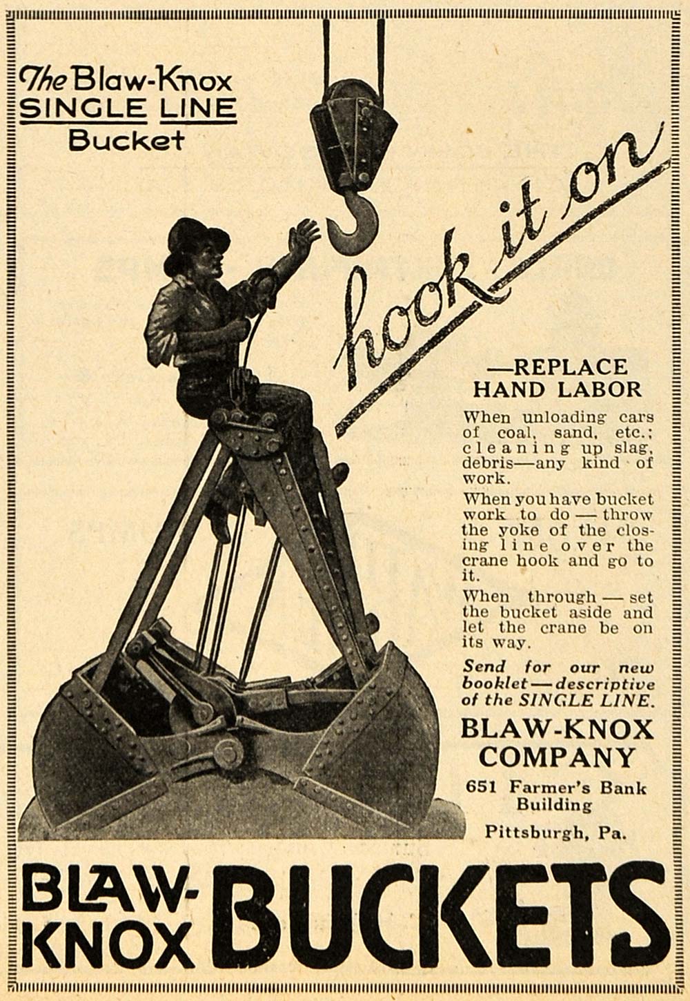 1924 Ad Blaw-Knox Co. Single Line Bucket Pittsburgh - ORIGINAL ADVERTISING TPM1