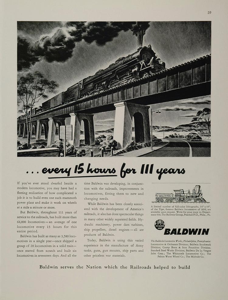 1942 Ad WWII Baldwin Locomotive Works Train Trestle Bridge Railroad Wartime