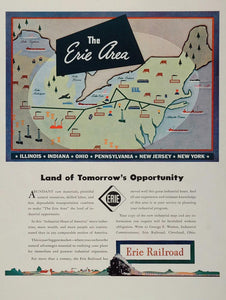 1943 Ad WWII Erie Railroad Railroad Train Route Map Locomotive Railway Wartime