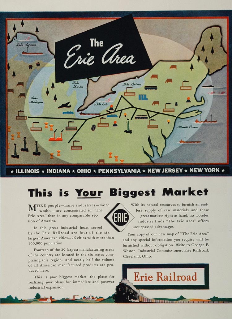 1943 Ad Erie Railroad Train Route World War II Map Locomotive Railway Midwestern