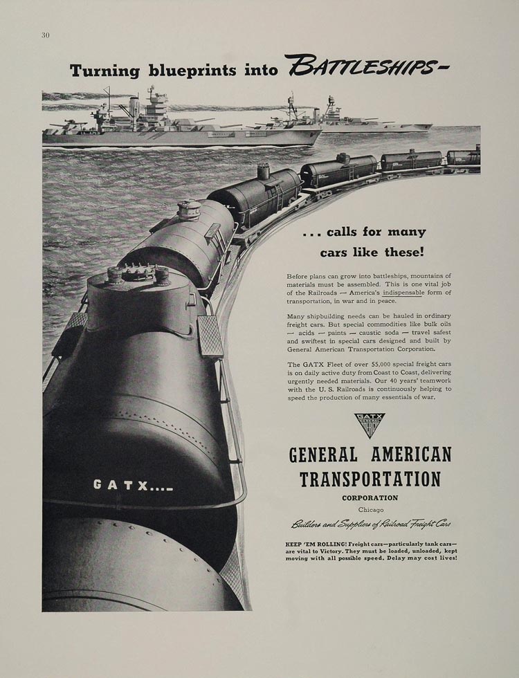 1942 Ad WWII GATX Freight Cars Train General American Transportation Battleship