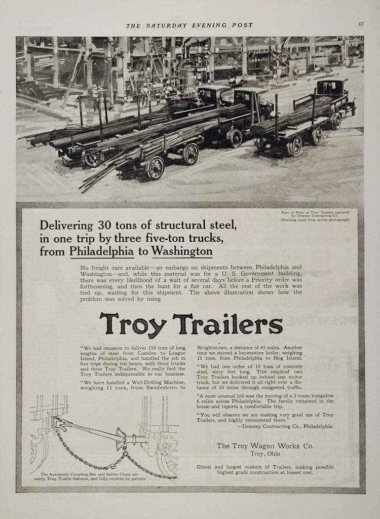 1918 Ad Troy Trailers Truck Downey Contracting Company - ORIGINAL ADVERTISING