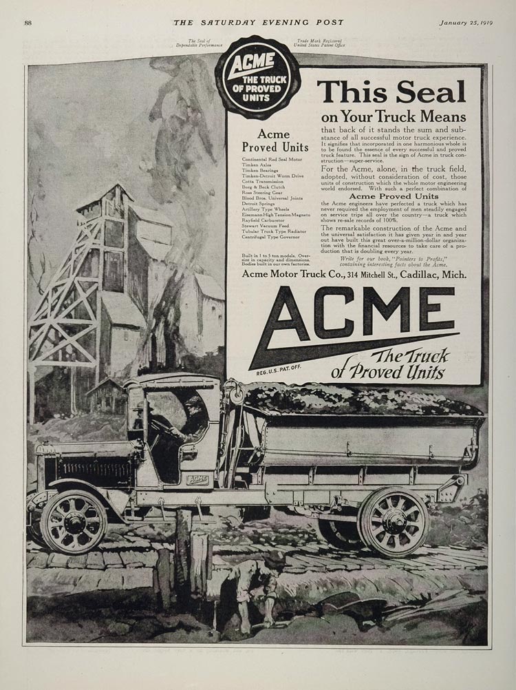 1919 Ad Antique Acme Dump Truck Motor Co. Cadillac MI - ORIGINAL ADVERTISING