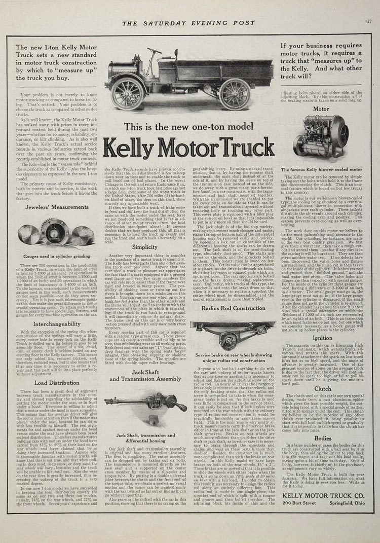 1911 Ad Antique Kelly Motor Truck 1 Ton Springfield OH - ORIGINAL ADVERTISING