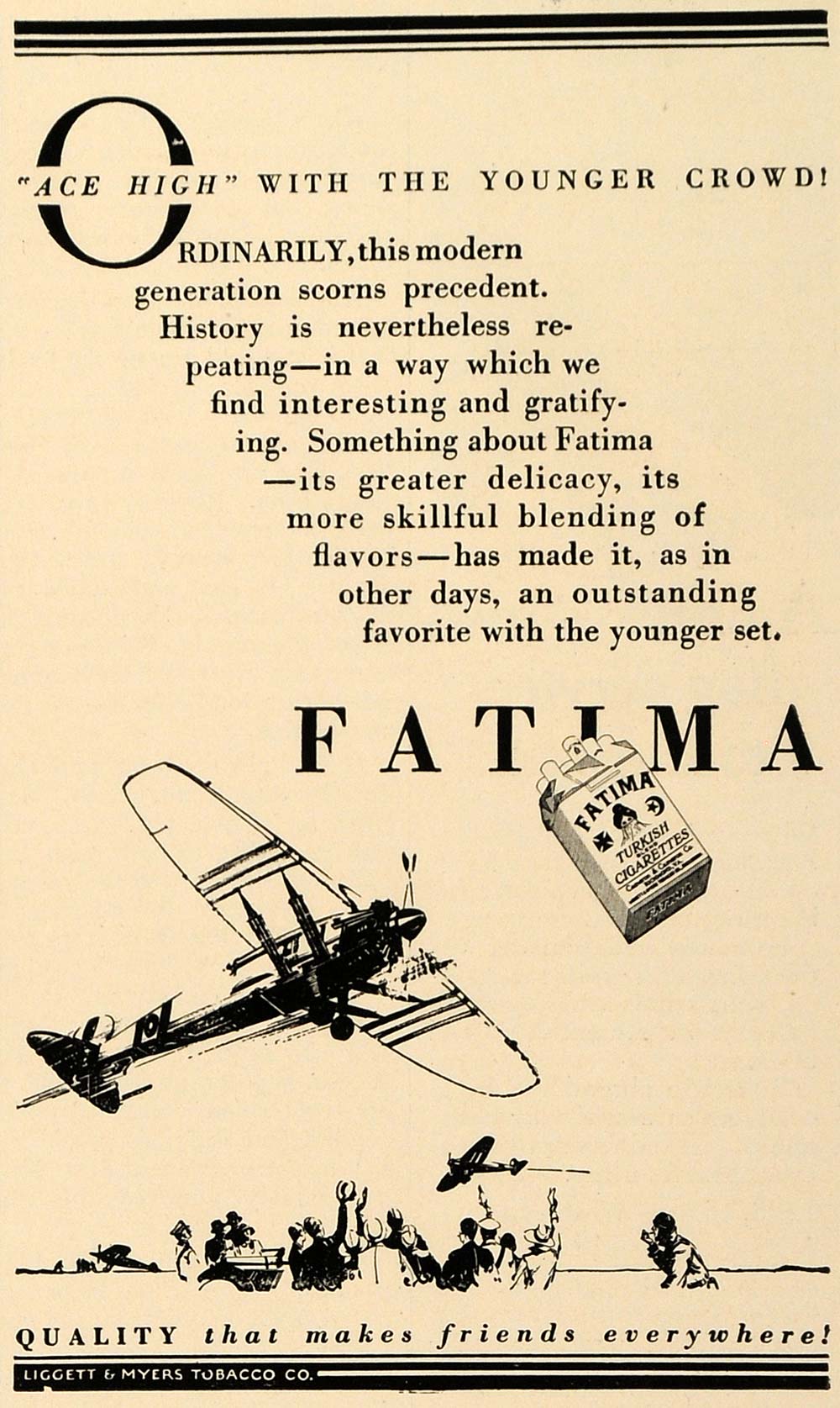 1927 Ad Fatima Cigarettes Ace High Aviation Airplanes - ORIGINAL TRV1