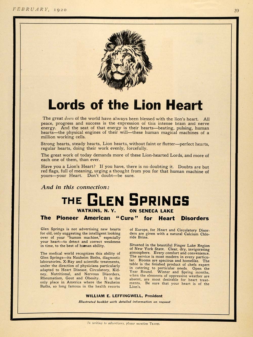 1920 Ad Lion Heart Glen Springs Resort Pioneer Cure - ORIGINAL ADVERTISING TRV1