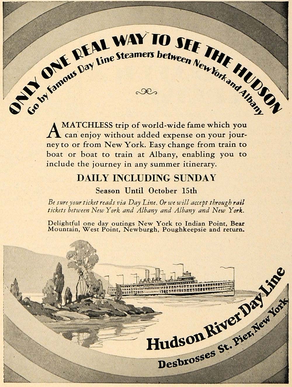 1928 Ad Hudson River Day Line Debrosses St Pier Boat - ORIGINAL ADVERTISING TRV1