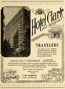 1920 Ad Hotel Clark Los Angeles F M Dimmick Fireproof - ORIGINAL TRV1