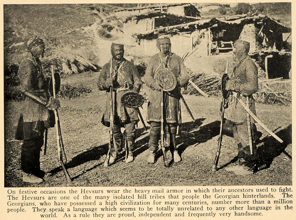 1927 Print Hevsur Heavy Armor Tribe Georgian Hinterland ORIGINAL HISTORIC TRV1