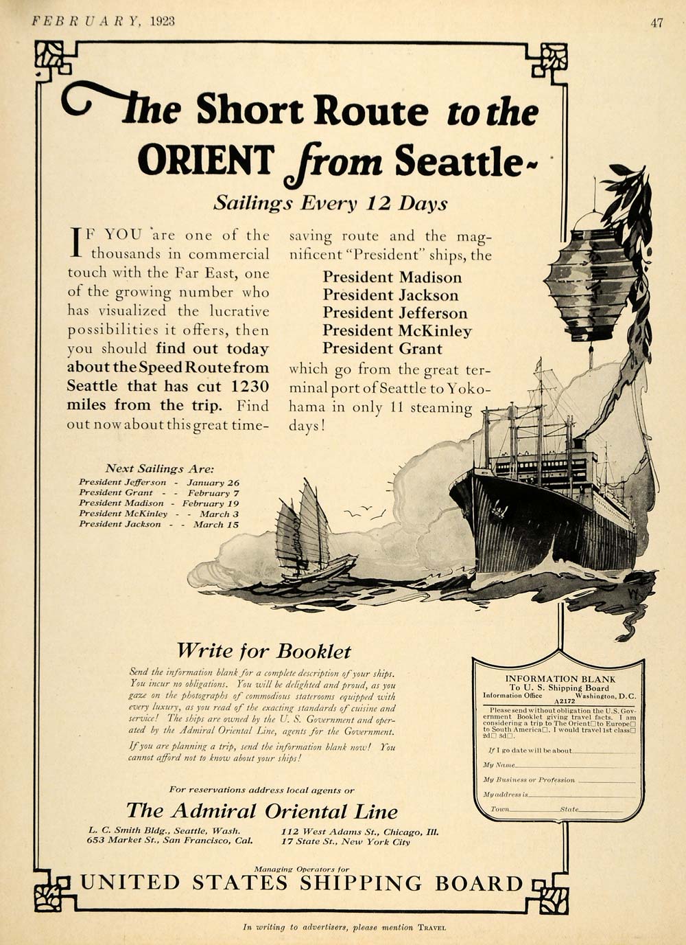 1923 Ad Admiral Oriental Line Cruise Ship Route Travel - ORIGINAL TRV1