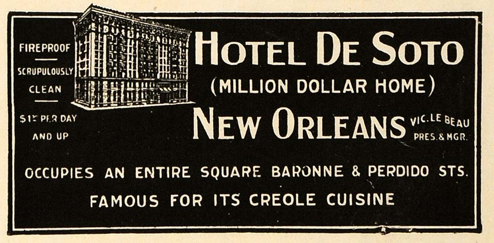 1918 Ad Hotel De Soto Fireproof Creole Cuisine Baronne - ORIGINAL TRV1