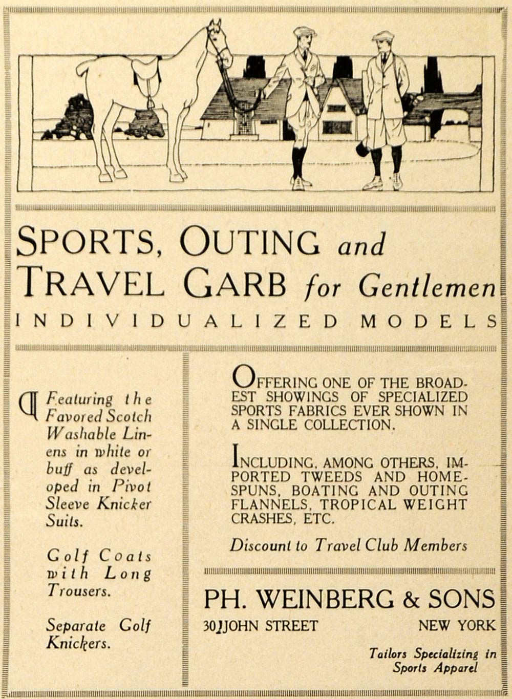 1919 Ad Sports Clothing Outing Travel Garb Model Horse - ORIGINAL TRV1