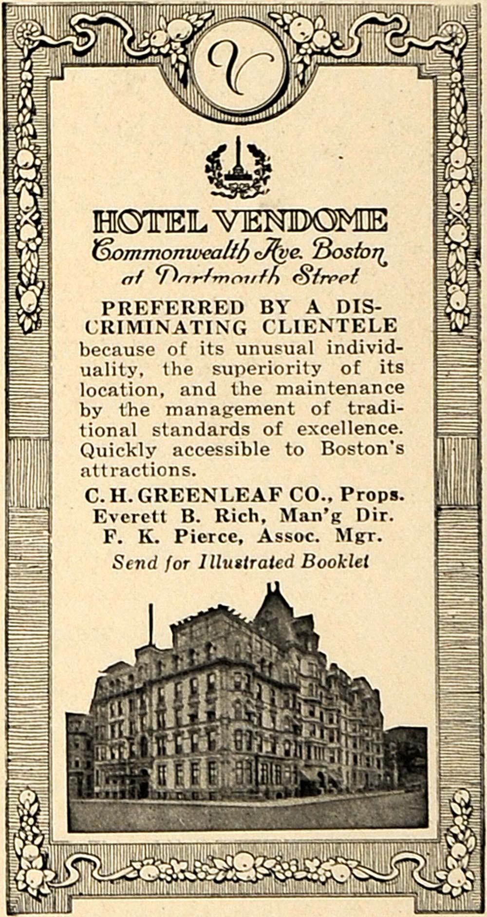 1923 Ad Hotel Vendome Boston Massachusetts Lodgings - ORIGINAL ADVERTISING TRV1