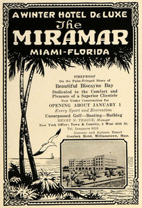 1923 Ad Miramar Hotel Miami Florida Biscayne Bay Palm - ORIGINAL TRV1