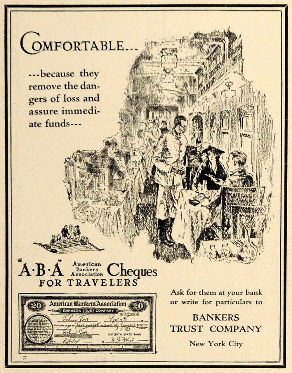 1923 Ad Bankers Trust American Travelers Checks Insure - ORIGINAL TRV1