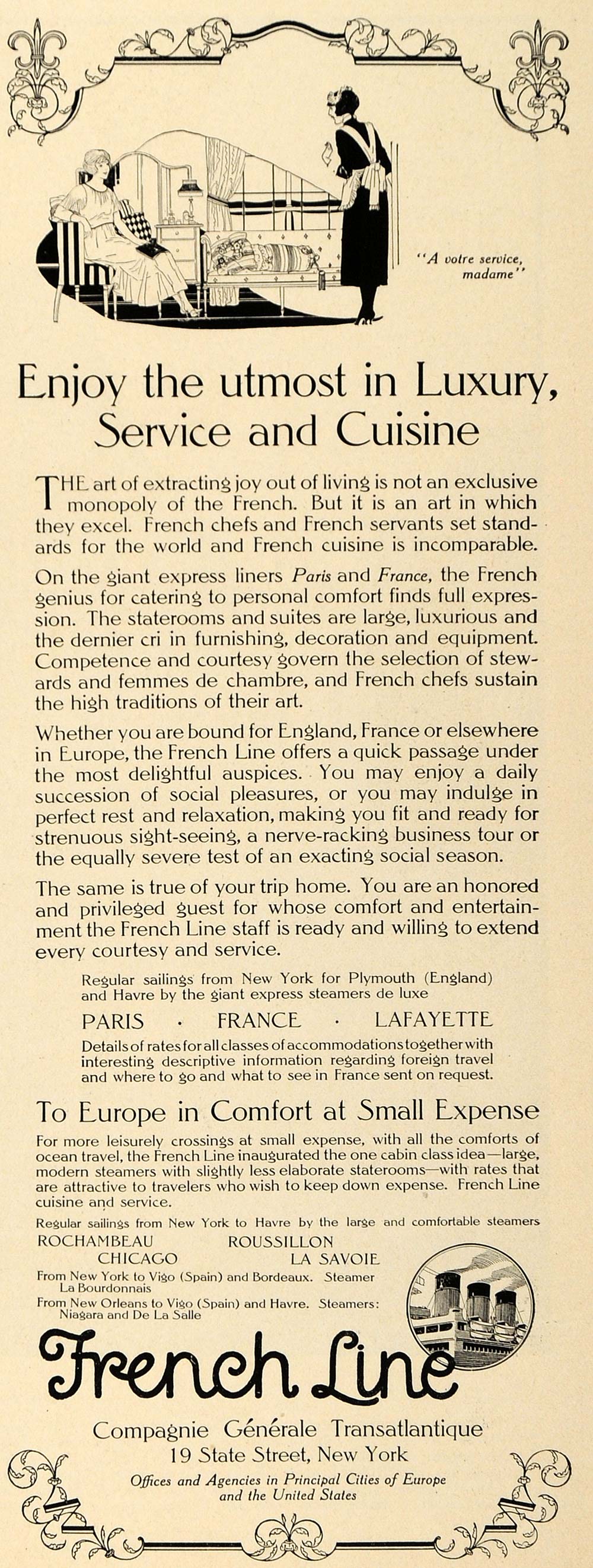 1923 Ad French Line Cruise Ship Travel Europe Vacation - ORIGINAL TRV1