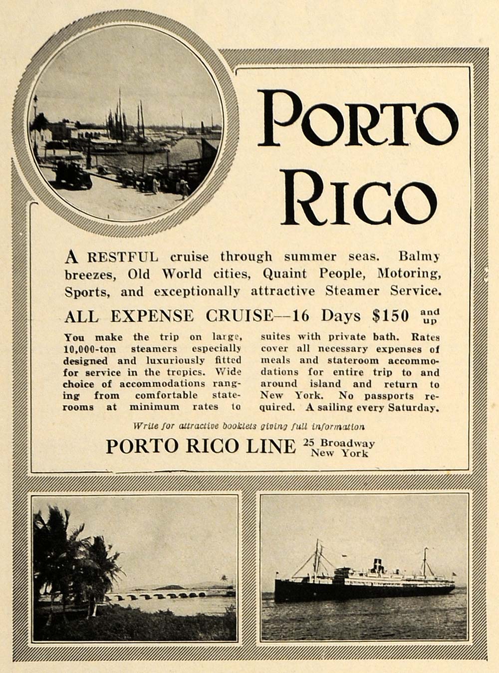 1923 Ad Porto Rico Cruise Line Ship Travel Tropical - ORIGINAL ADVERTISING TRV1