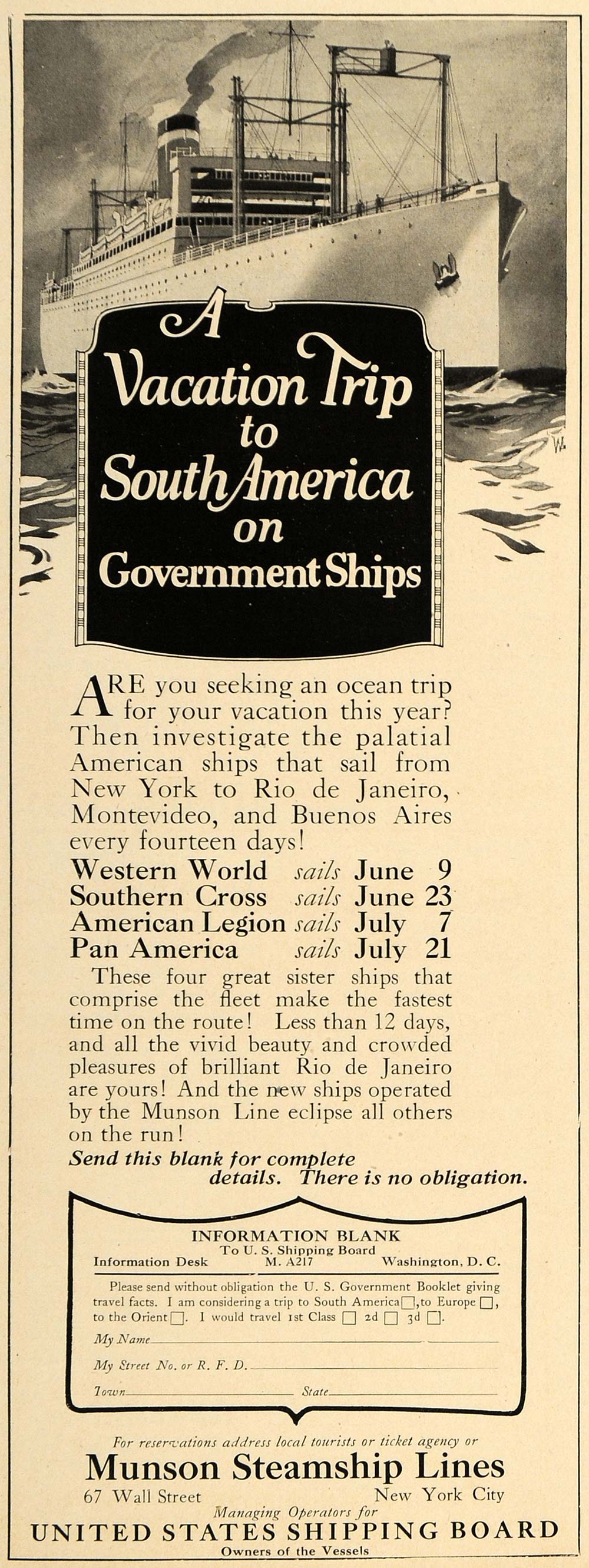 1923 Ad Munson Steamship Lines South America Sea Travel - ORIGINAL TRV1