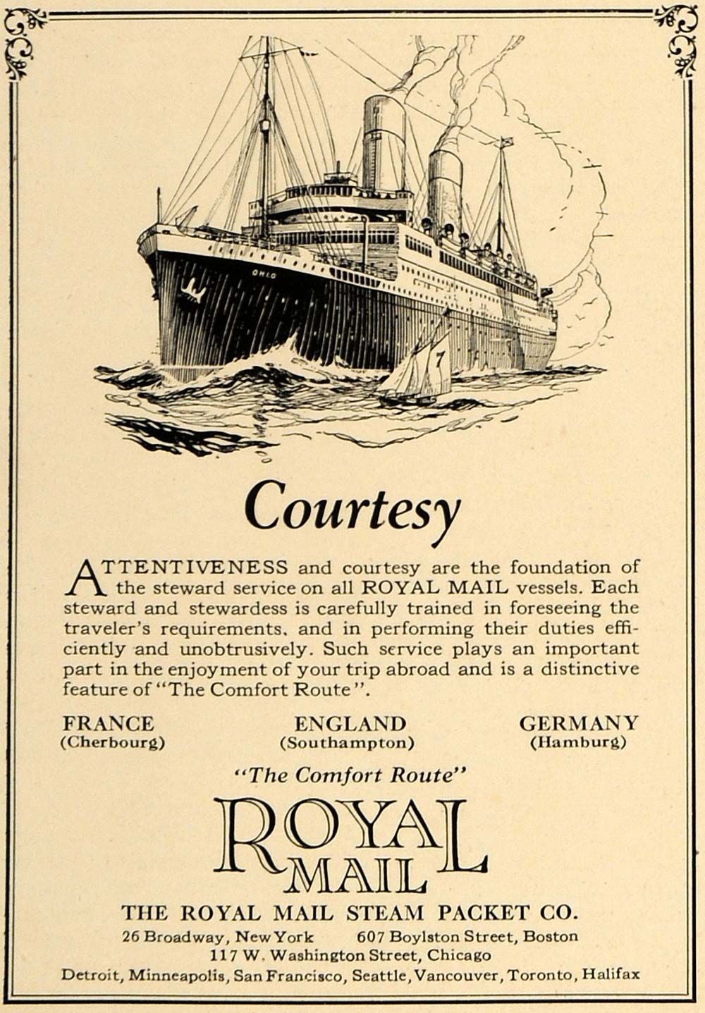 1923 Ad Comfort Route Royal Mail Steam Packet Company - ORIGINAL TRV1