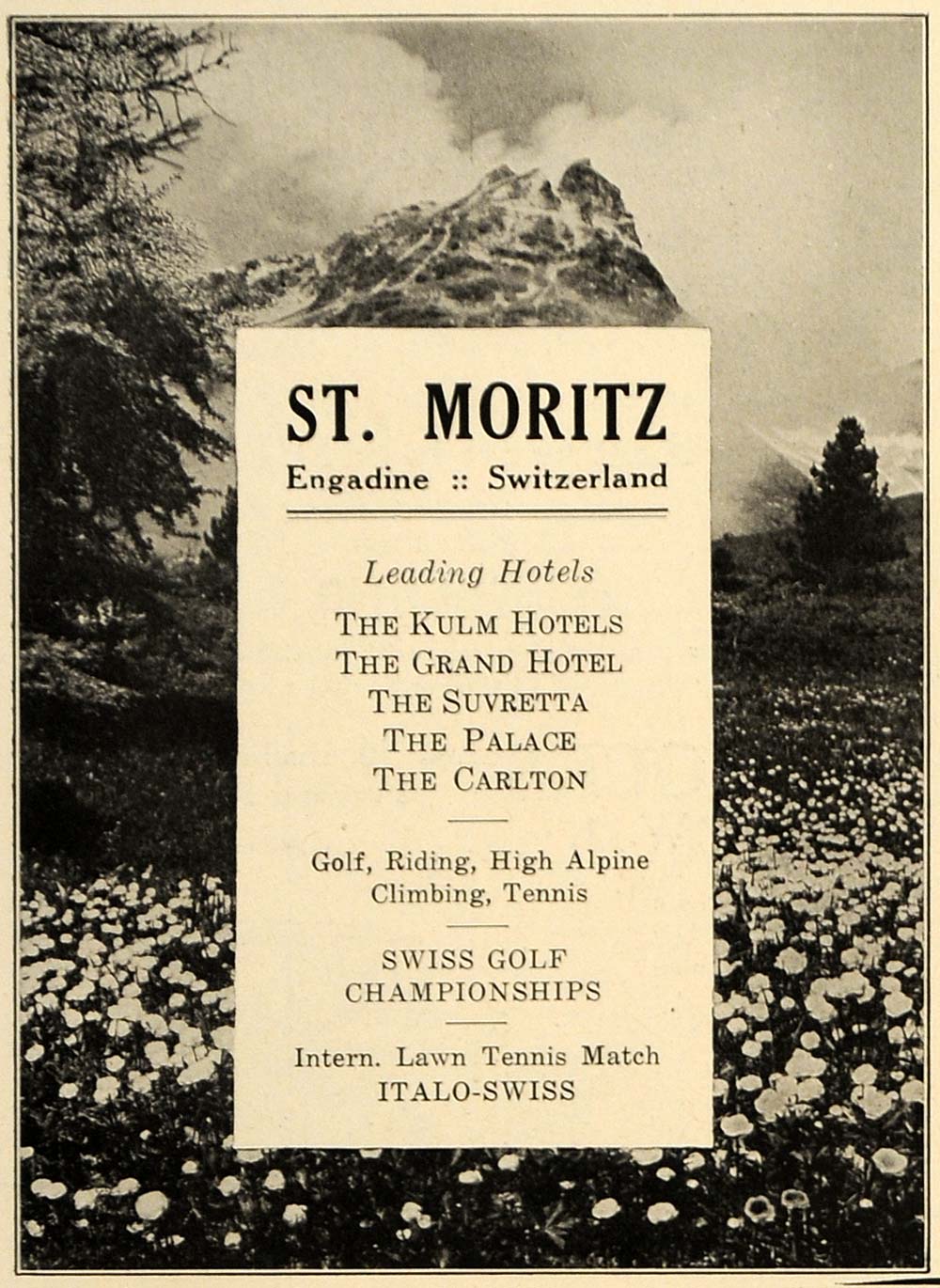 1923 Ad St. Moritz Engadine Switzerland Travel Hotels - ORIGINAL TRV1