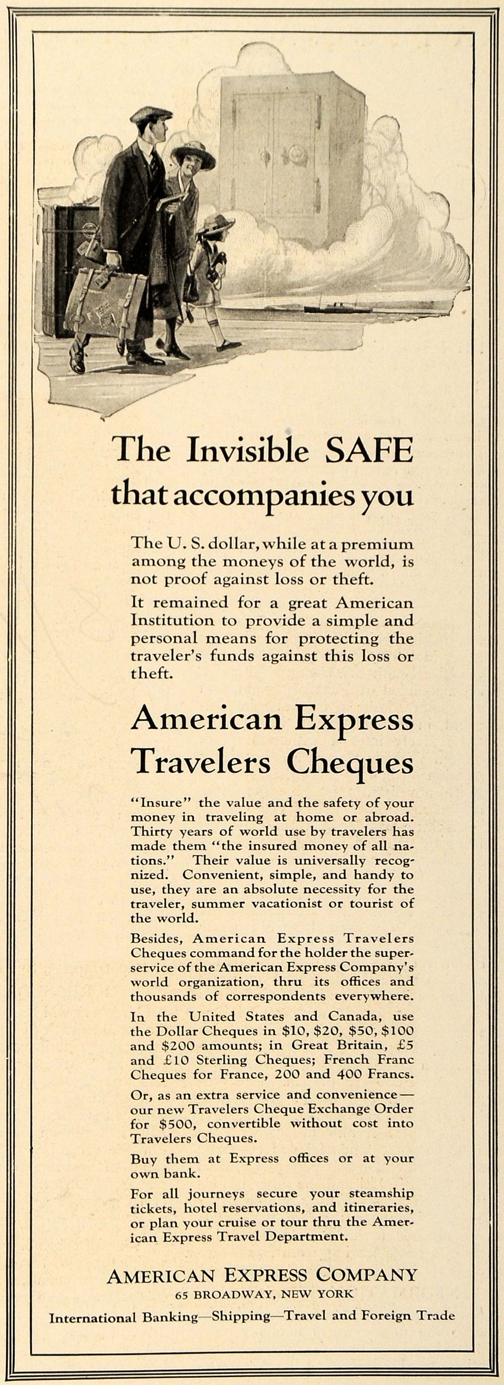 1921 Ad American Express Travelers Cheques Safe Journey - ORIGINAL TRV1