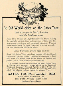 1923 Ad Gates Tours European Vacation Raymond Whitcomb - ORIGINAL TRV1