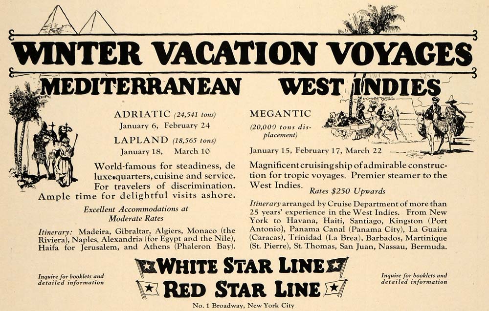 1923 Ad White Red Star Cruise Line Winter Vacation - ORIGINAL ADVERTISING TRV1