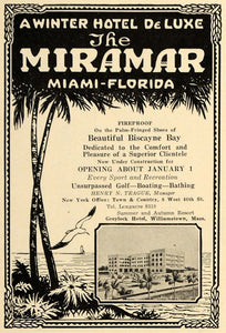 1923 Ad Miramar Hotel Miami Biscayne Bay Henry Teaague - ORIGINAL TRV1