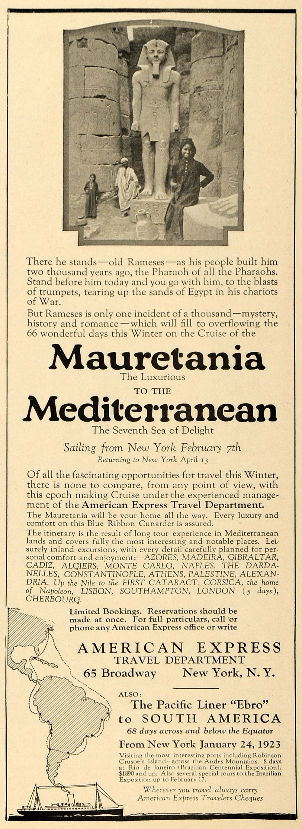 1923 Ad American Express Mauretania Cruise Rameses - ORIGINAL ADVERTISING TRV1