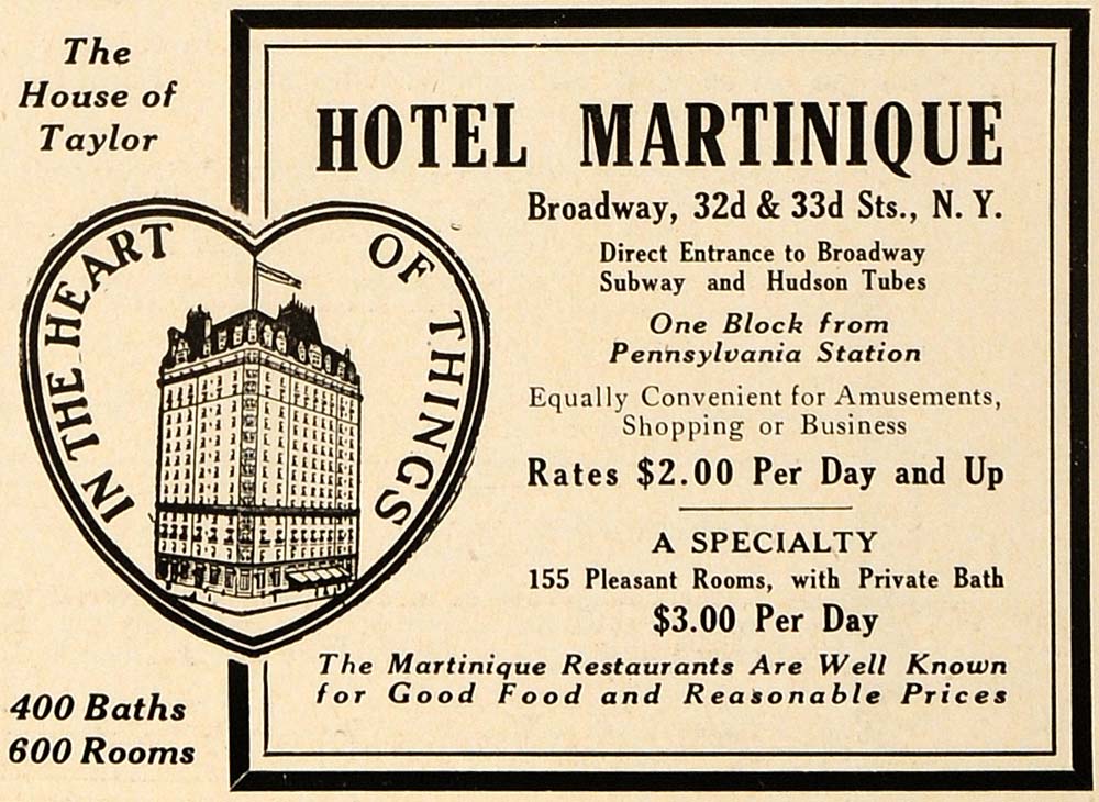 1918 Ad Hotel Martinique NY House of Taylor Lodging - ORIGINAL ADVERTISING TRV1