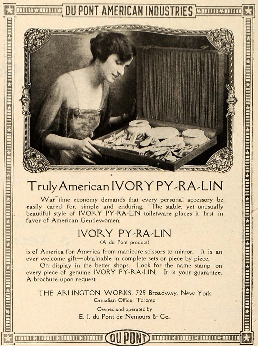 1918 Ad E I Du Pont Ivory Py-Ra-Lin Toiletries Box WWI - ORIGINAL TRV1