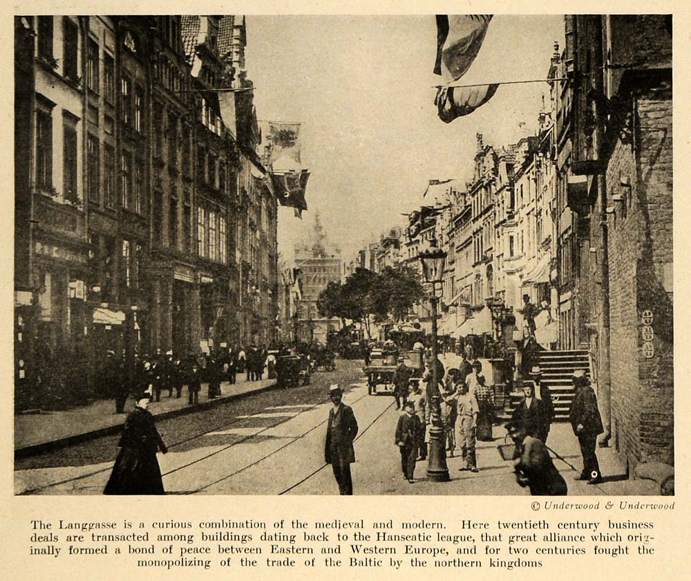 1919 Print Langgasse Long Street Poland Danzig Gdansk - ORIGINAL HISTORIC TRV1
