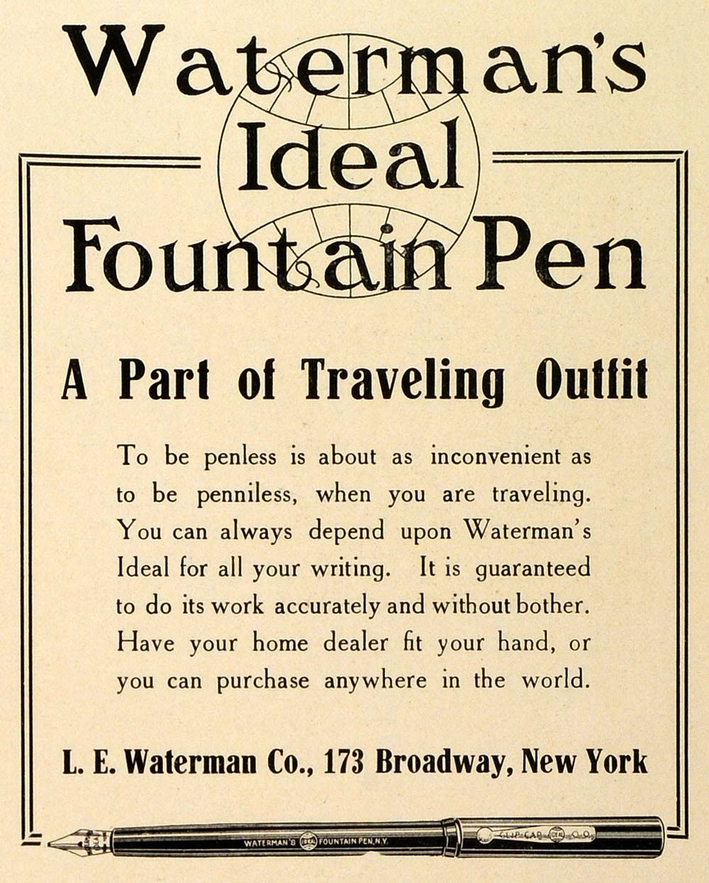 1912 Ad Waterman Ideal Fountain Pen Traveling Outfit Writing Utensil TRV1