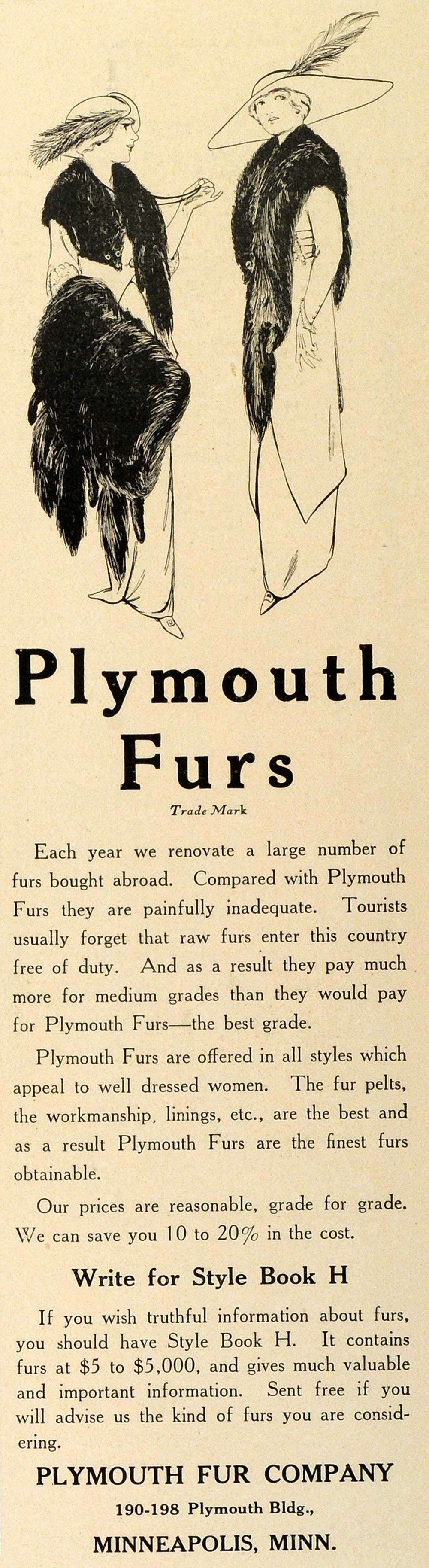 1912 Ad Plymouth Furs Fashion Wraps Clothing Accessories Minneapolis TRV1