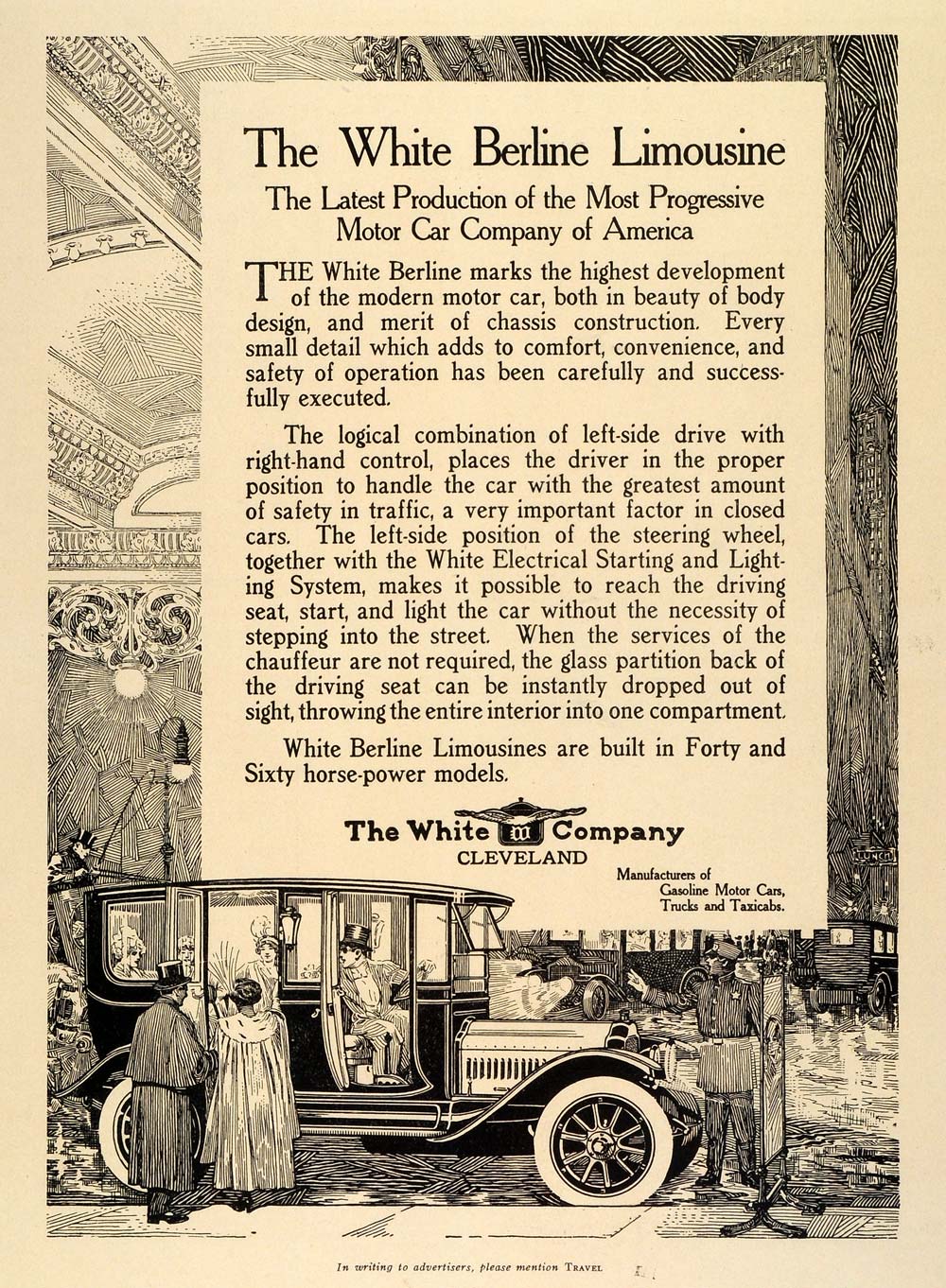 1912 Ad Antique White Berline Limousine Electric Start Lighting Luxury TRV1