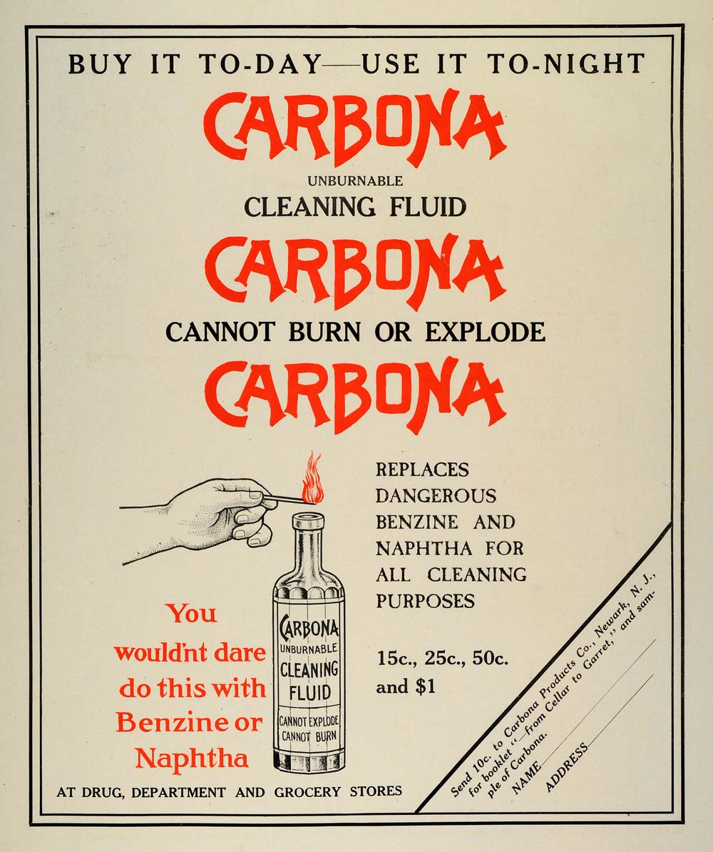 1909 Ad Carbona Unburnable Cleaning Fluid Housework Household Chores TRV1