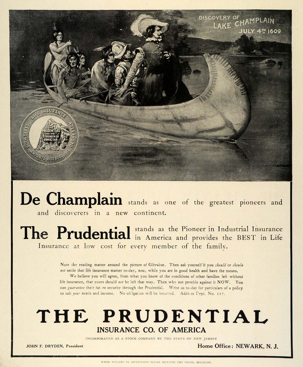 1909 Ad Prudential Insurance Lake Champlain Discovery Explorers Pioneer TRV1