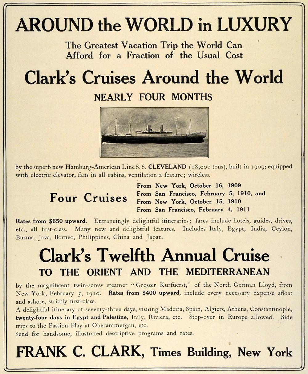 1909 Ad Frank C. Clark World Cruise Hamburg American S. S. Cleveland Ship TRV1
