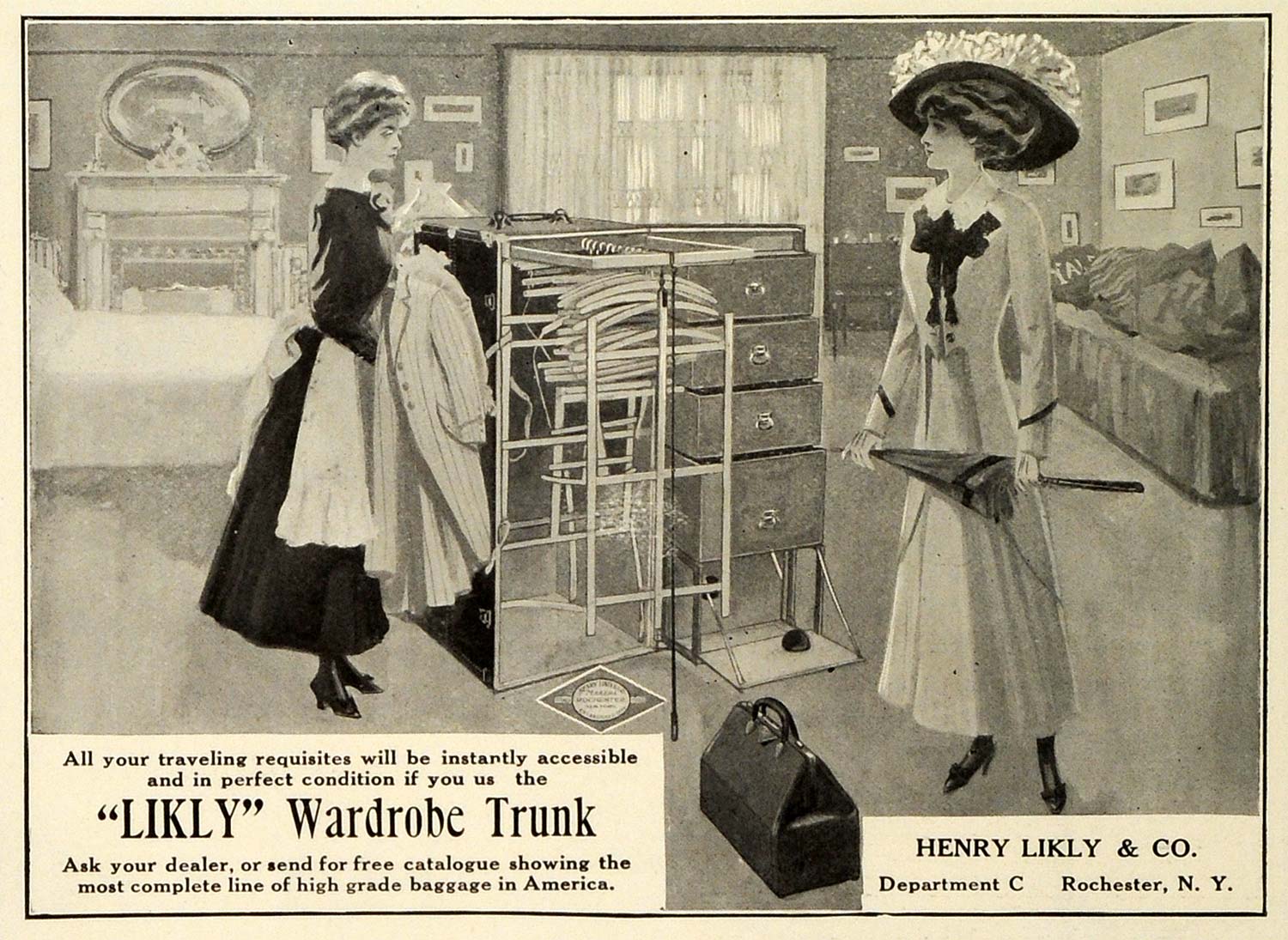 1909 Ad Henry Likly Wardrobe Trunk Maid Travel Accessories Suitcase TR – Period Paper Historic Art LLC 1909 Ad Henry Likly Wardrobe Trunk Maid Travel Accessories Suitcase TR – Period Paper Historic Art LLC