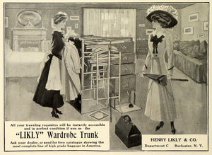 1909 Ad Henry Likly Wardrobe Trunk Maid Travel Accessories Suitcase TRV1