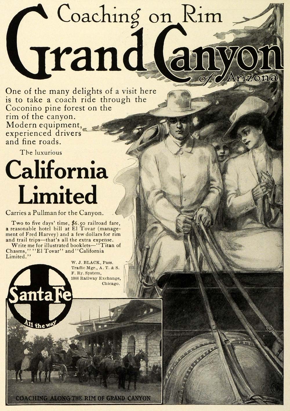 1909 Ad Santa Fe Railway Grand Canyon California Limited Horse Drawn TRV1