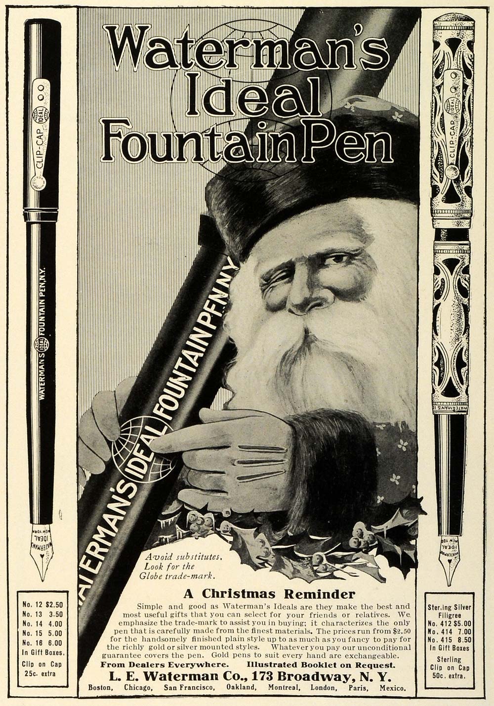 1909 Ad Santa Claus Christmas Gift Waterman Ideal Fountain Pen Writing TRV1