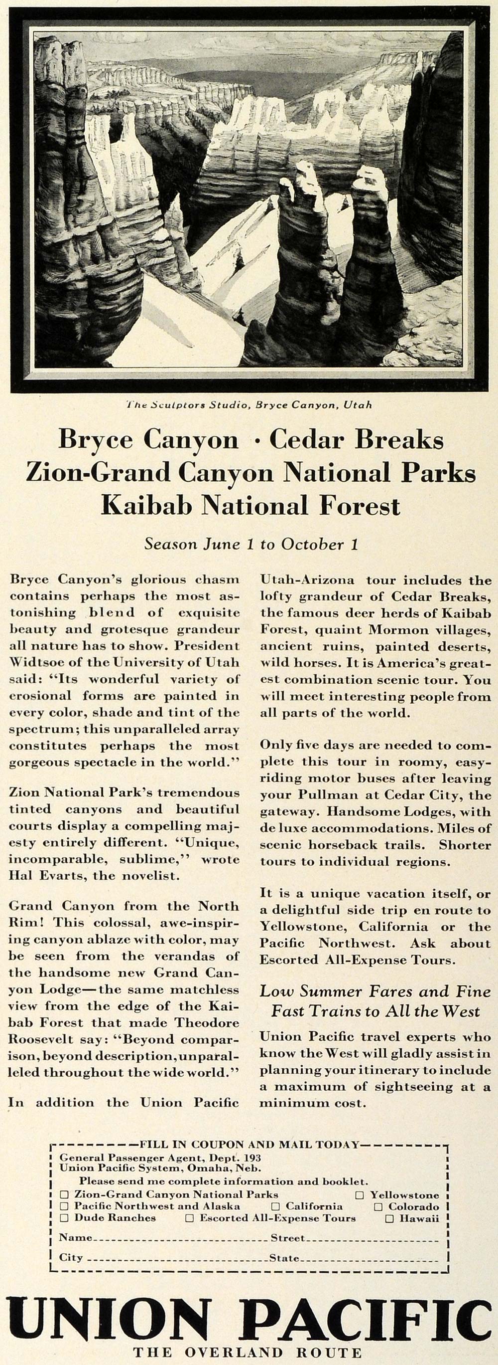 1928 Ad Union Pacific Railway Overland Route Zion National Park Grand TRV1