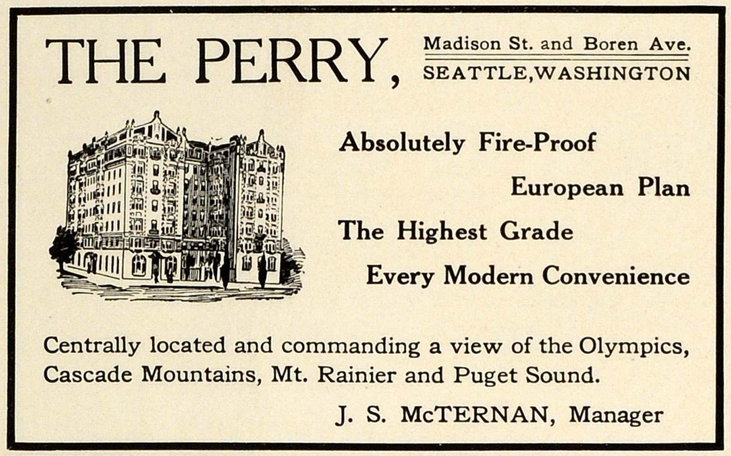 1909 Ad Fireproof Perry Hotel Seattle Washington Lodging J. S. McTernan TRV1