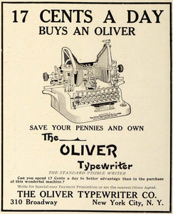 1909 Ad Oliver Typewriter Standard Visible Writer Typing Office Machines NY TRV1