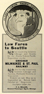 1909 Ad Alaska Yukon Pacific Expo Seattle Train Travel Chicago Milwaukee St TRV1